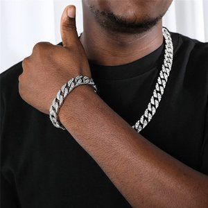 MENS SILVER CUBAN LINK CHAIN/BRACELET SET